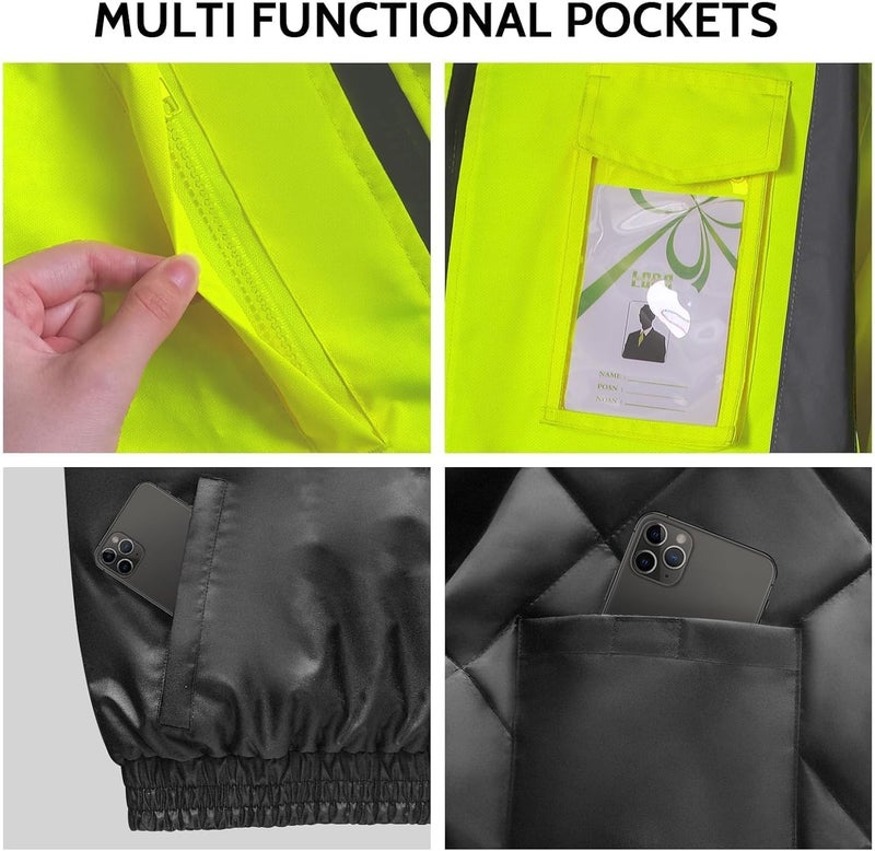 TCCFCCT Hi Vis Jackets for Men Women Waterproof High Visibility Safety jackets for Men, Warm Reflective Jacket with Pockets, Construction Coats for Cold Winter, High Vis Rain Gear, J-Yellow, XL - Image 5